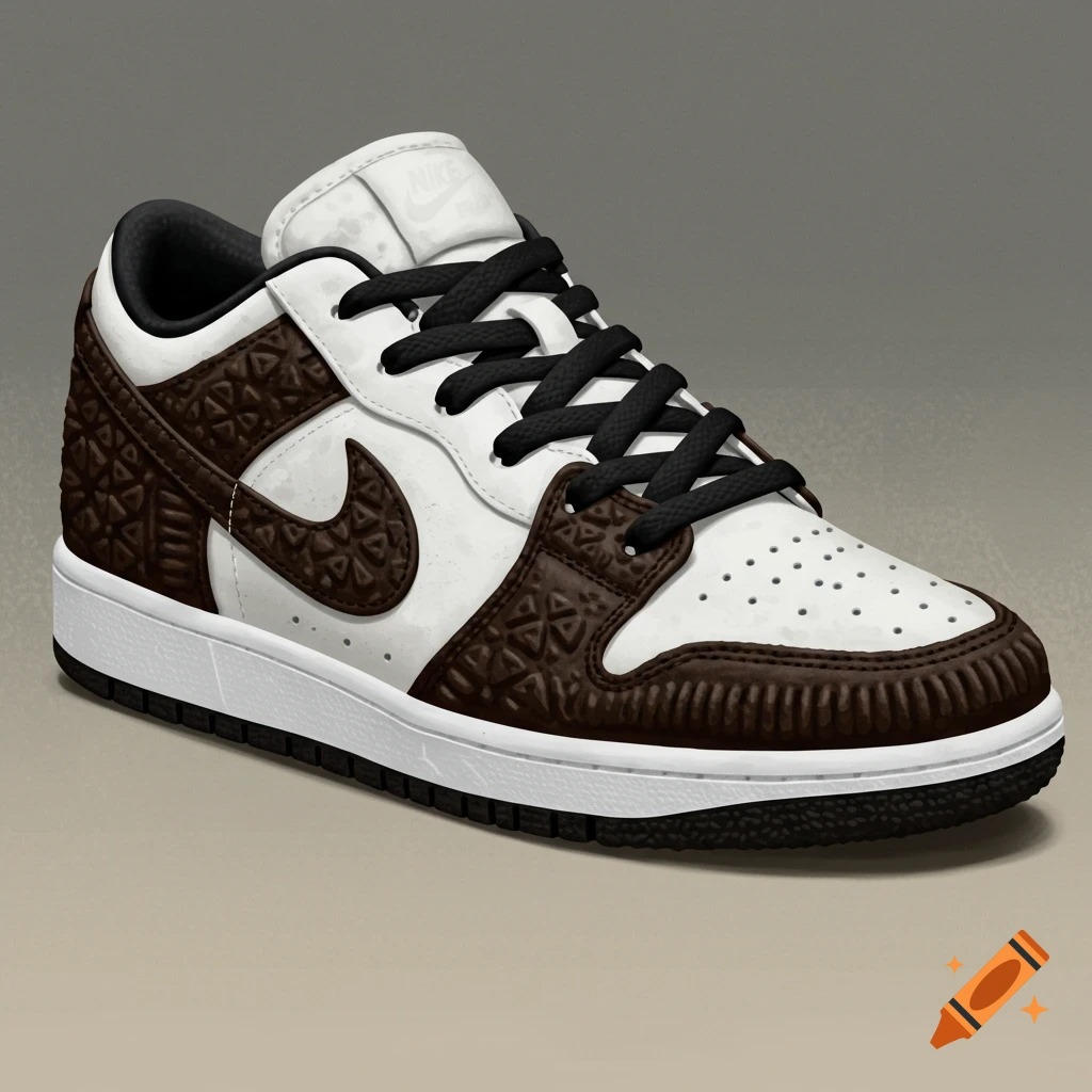 A close-up of a white and brown low-top sneaker with patterned texture.