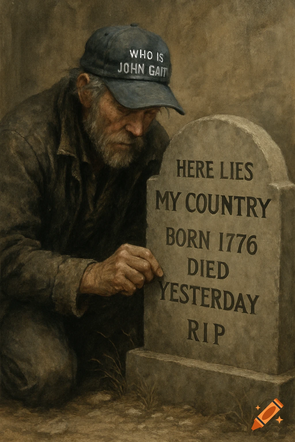 Painterly image of a man in a cap kneeling by a tombstone inscribed with text.