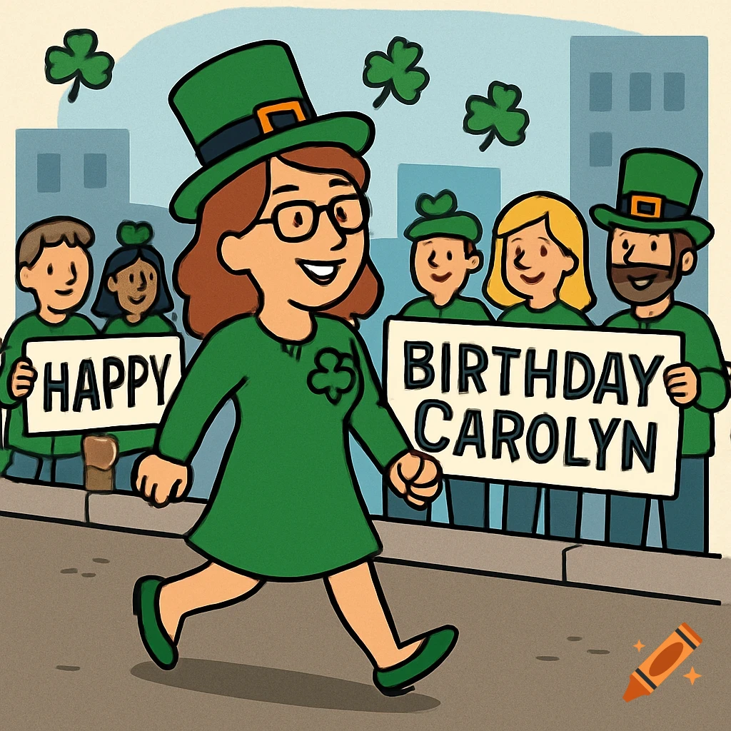 Clipart of a woman marching in a St. Patrick's Day parade with people holding signs saying 'Happy Birthday Carolyn'.