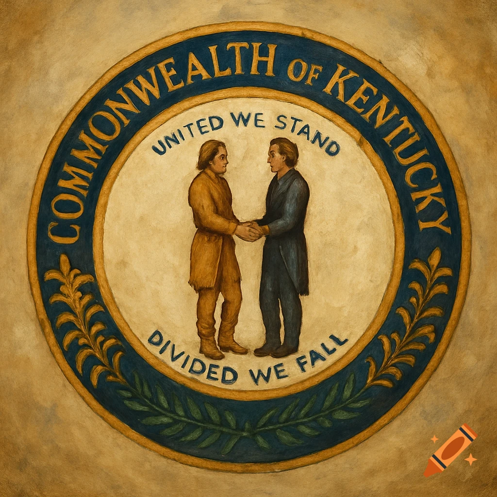The Seal of the Commonwealth of Kentucky, depicting two men shaking hands surrounded by text and leaves.