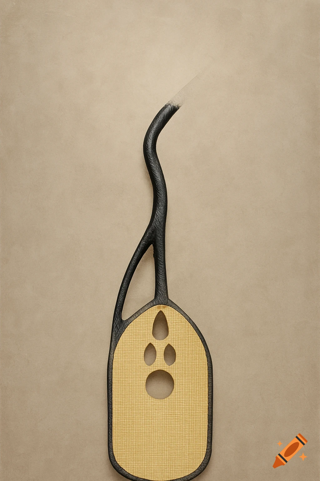 Abstract, stylized paddle-like object with holes on a beige background.
