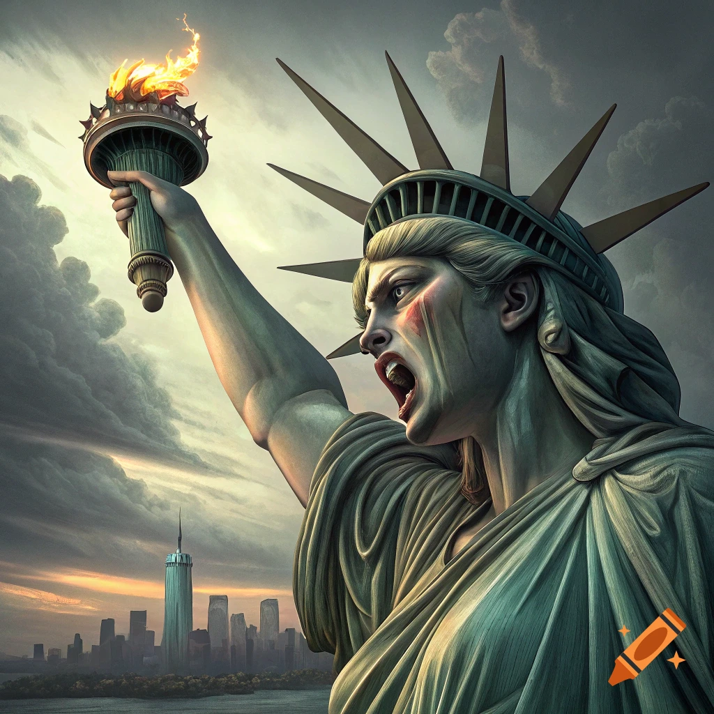 Statue of Liberty with an angry expression holding her torch aloft, with a city skyline behind her.