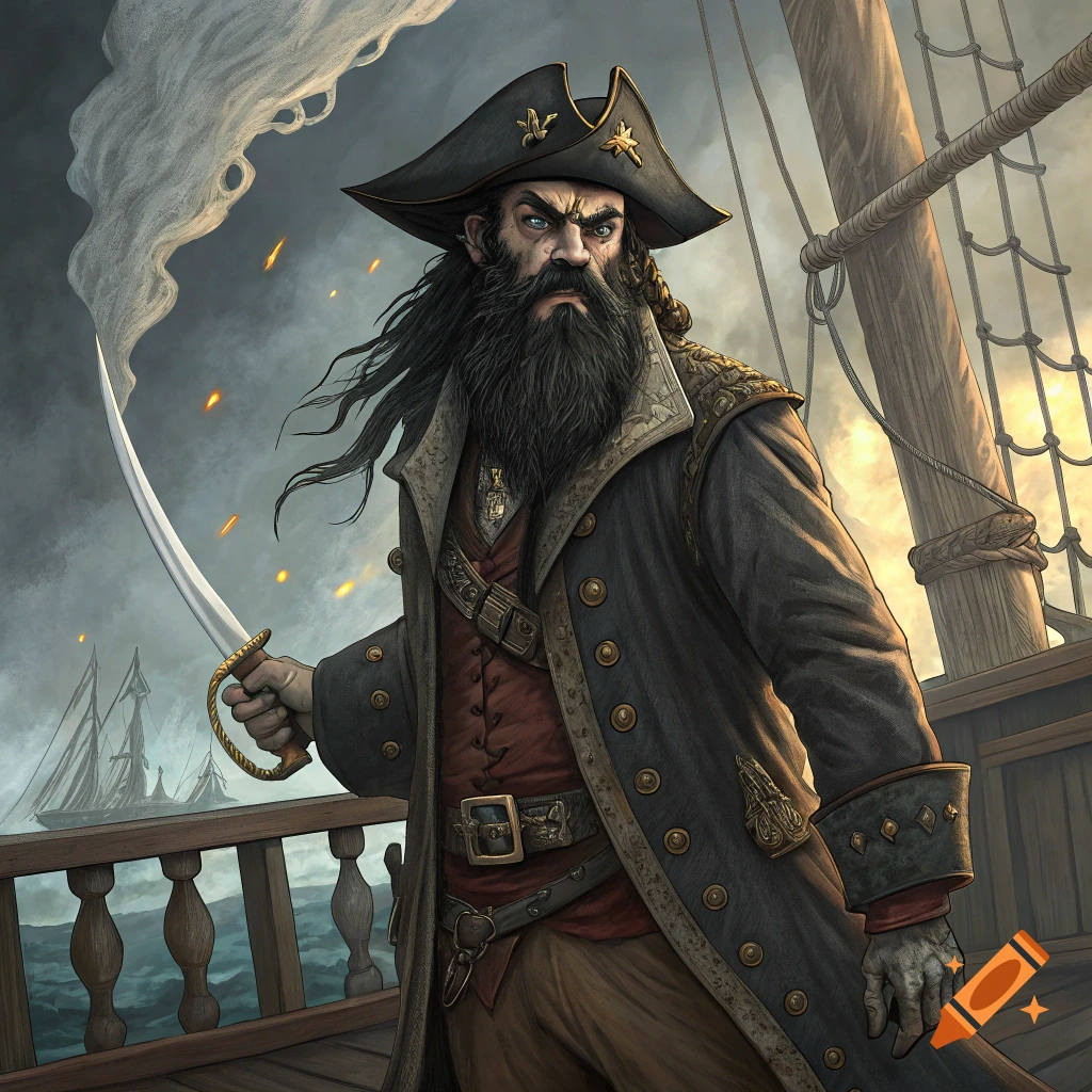 A rugged pirate captain with a long black beard stands on the deck of a ship, holding a cutlass.