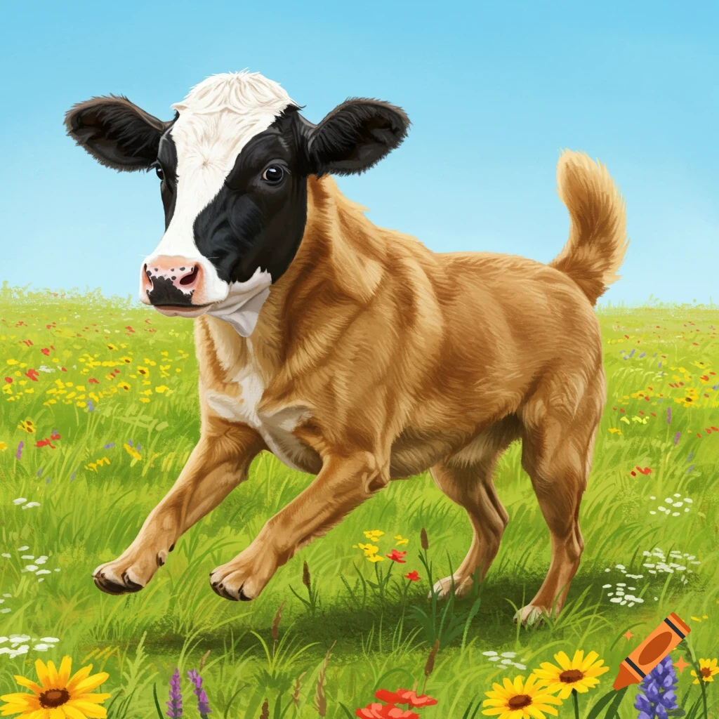 Creature with a cow's head and dog's body runs through a flower field
