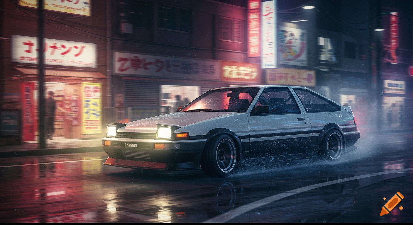 A white Toyota AE86 drifts through a rainy Japanese city street at night.