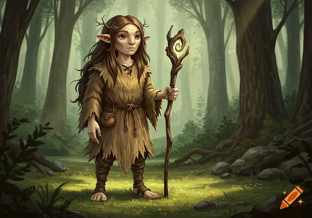 A firbolg creature stands in a forest clearing holding a glowing staff ...
