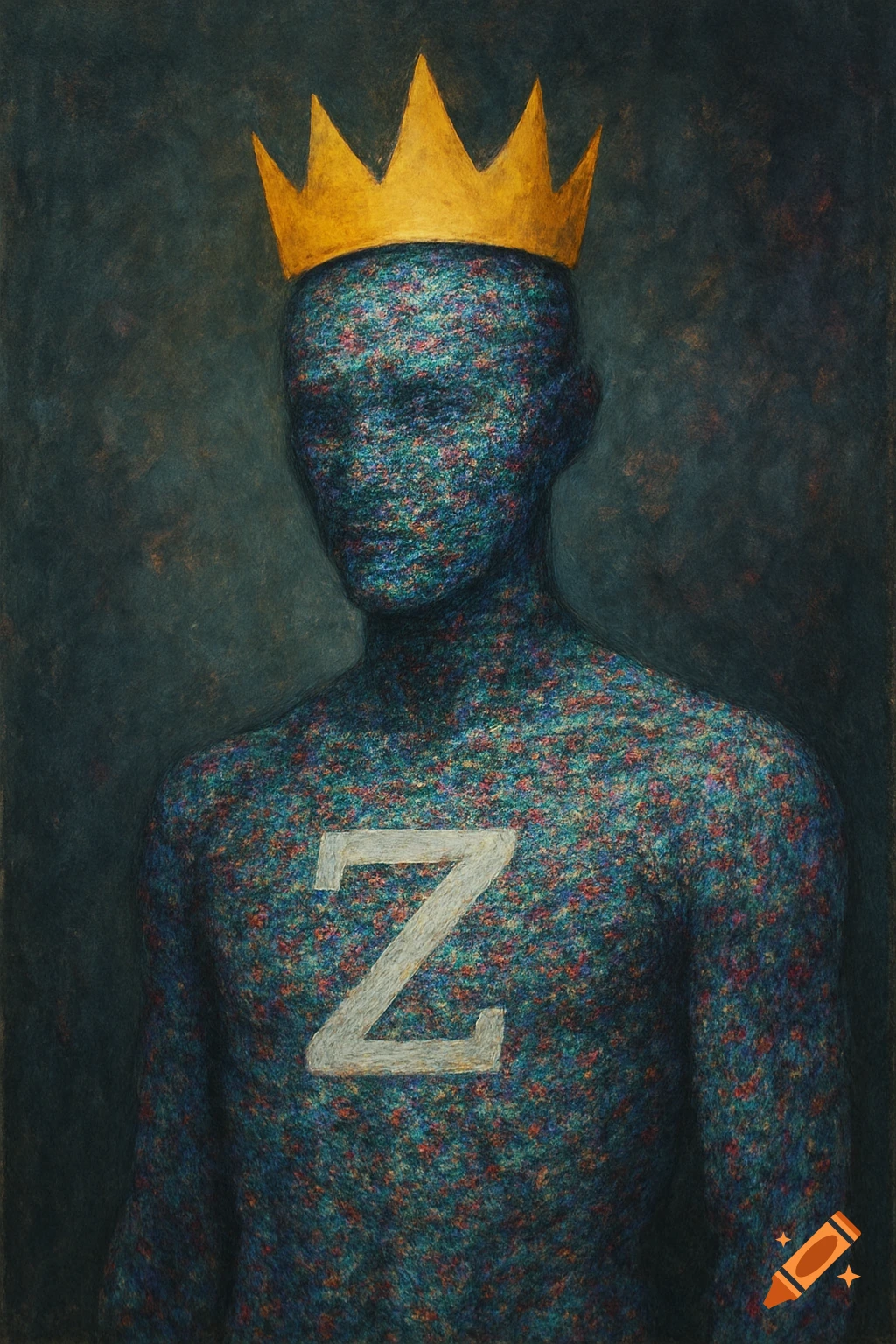 Abstract figure with tv static skin wearing a gold crown and a white Z on the chest.