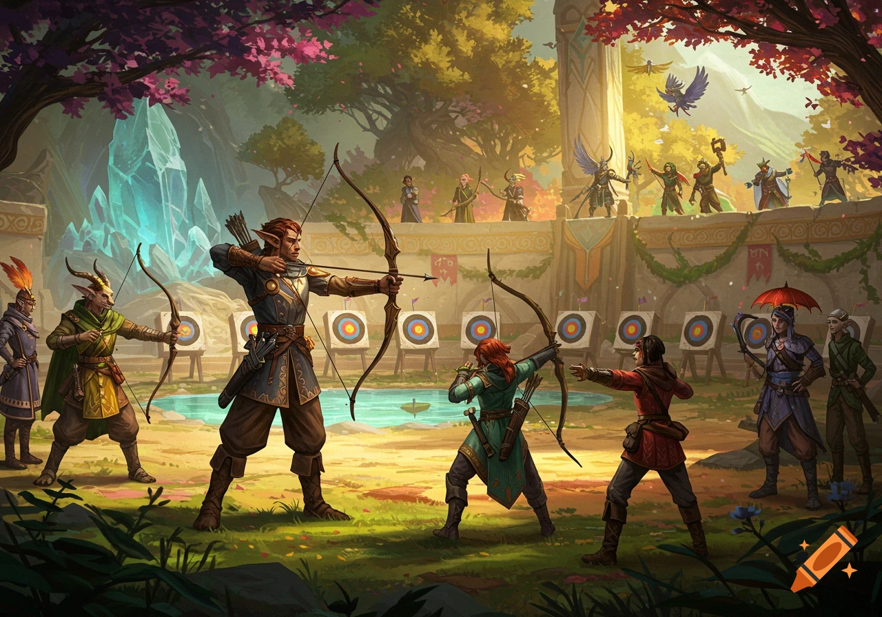 A fantasy archery tournament is underway with several contestants, including elves and other races, aiming at targets in a vibrant outdoor arena.