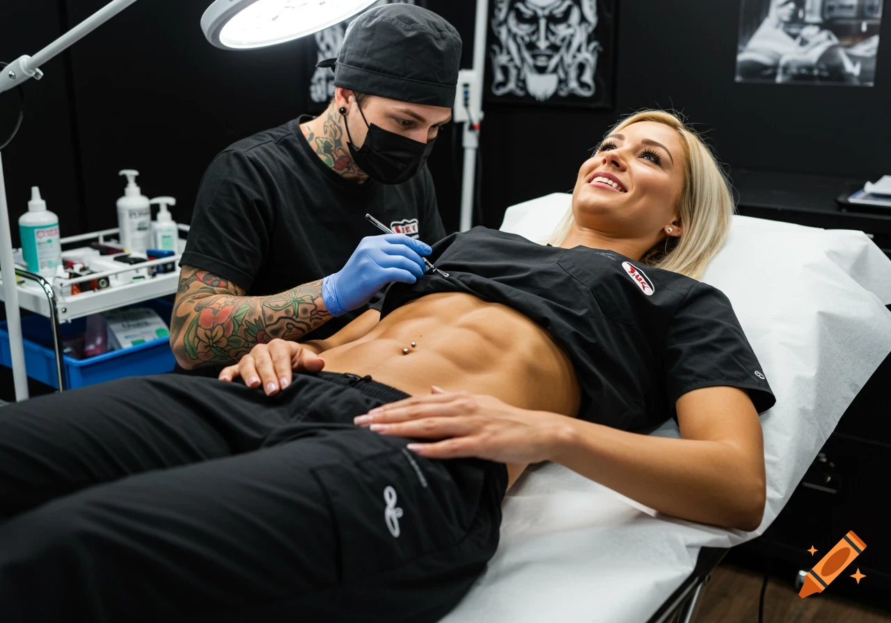 A piercer prepares a navel piercing on a smiling woman lying on a table in a piercing parlor. Photorealistic style.