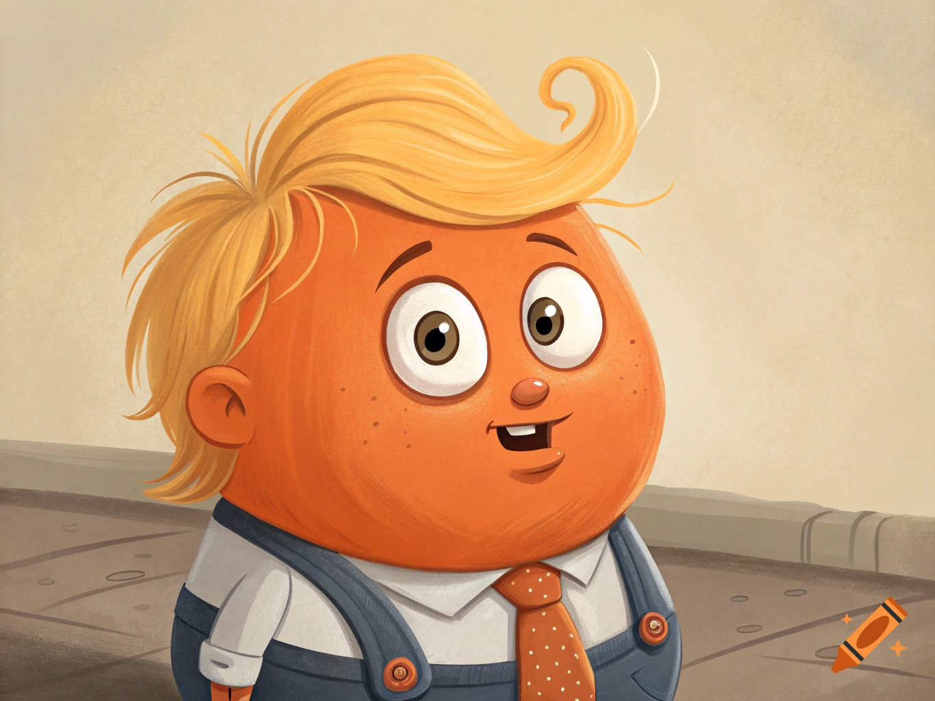 Cartoon caricature of an orange-skinned toddler with blonde hair in overalls.