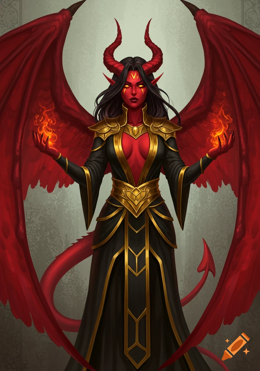 Red-skinned fantasy character with horns, wings, black and gold robes, holding fire