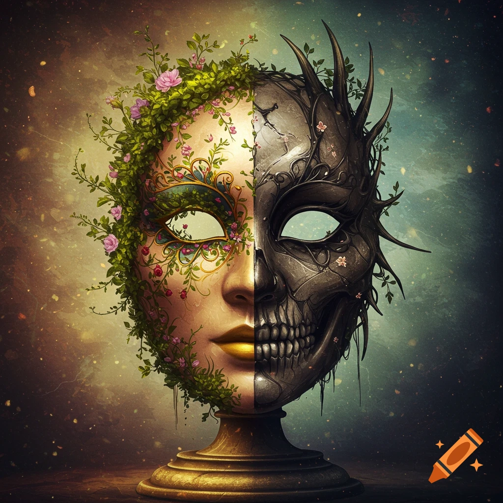 A mask split in half, one side covered in flowers and leaves, the other a metallic skull.