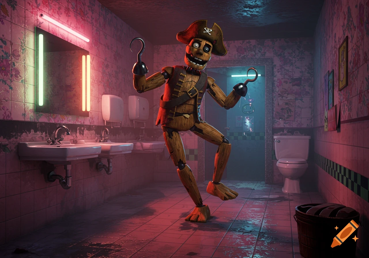 A wooden pirate animatronic dances in a grungy bathroom.