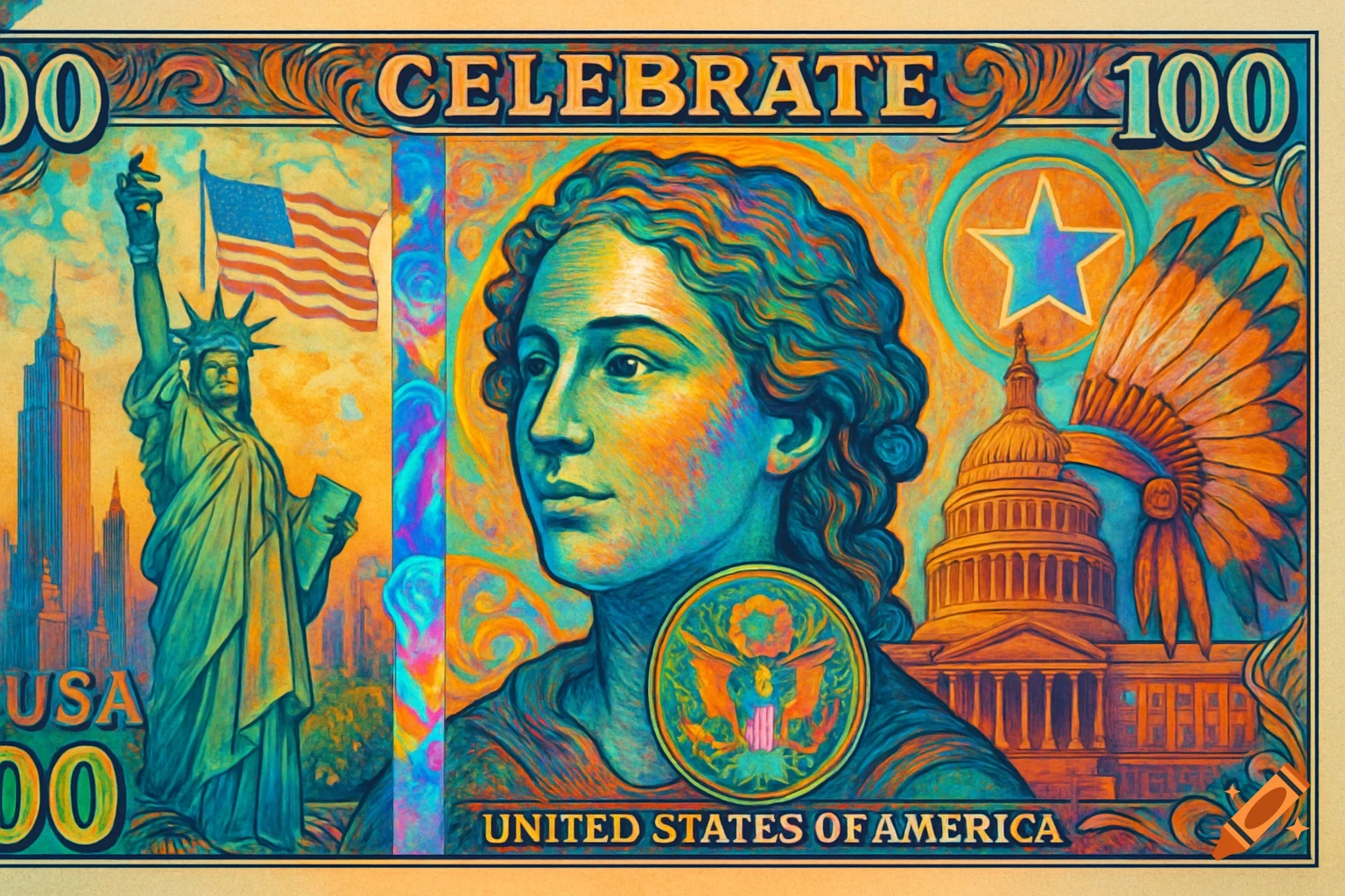 Vibrant, artistic depiction of a stylized US currency bill with portrait, Statue of Liberty, Capitol, and patriotic symbols.