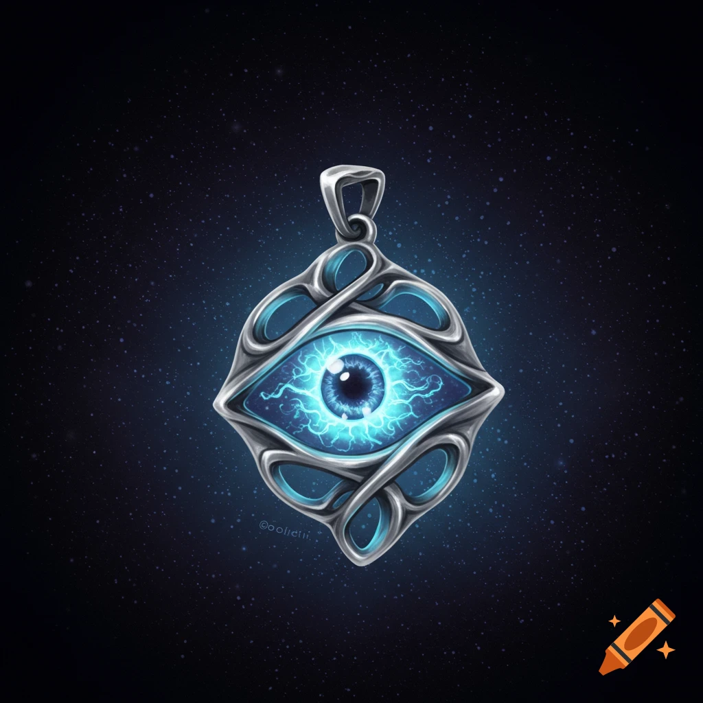 A glowing blue eye pendant artifact against a starry background.