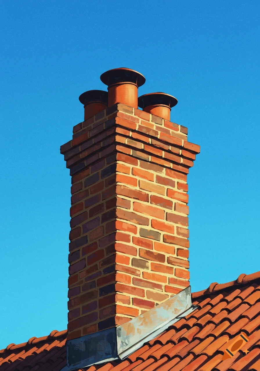 Brick chimney with three pots on a tiled roof against a blue sky, painterly style.