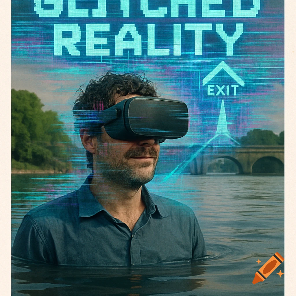 Man wearing a VR headset stands in a river with a bridge in the background and glitchy digital text overlay.