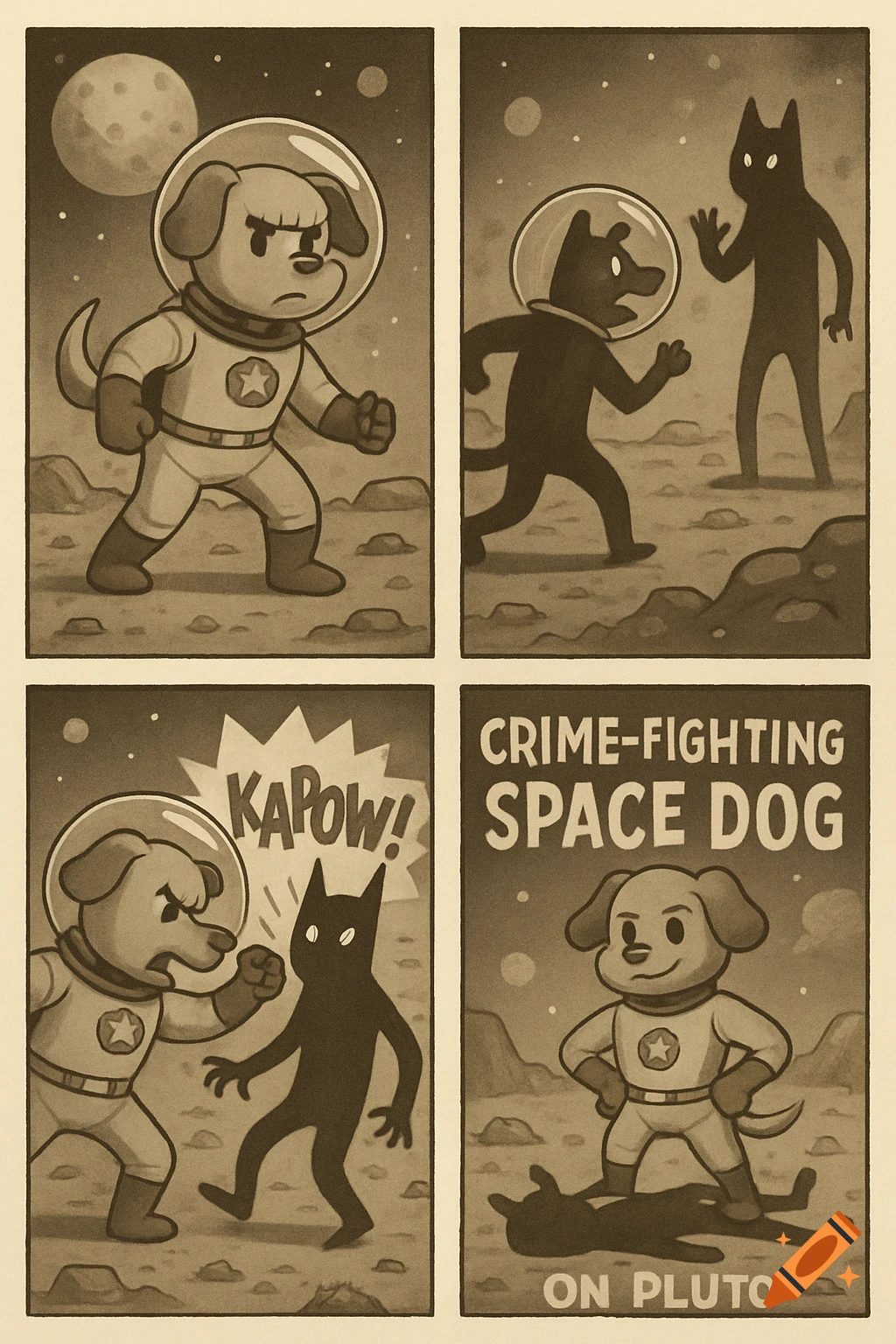 Sepia-toned comic strip shows a space dog fighting a shadow creature on Pluto. Text says 'Crime-Fighting Space Dog On Pluto'.
