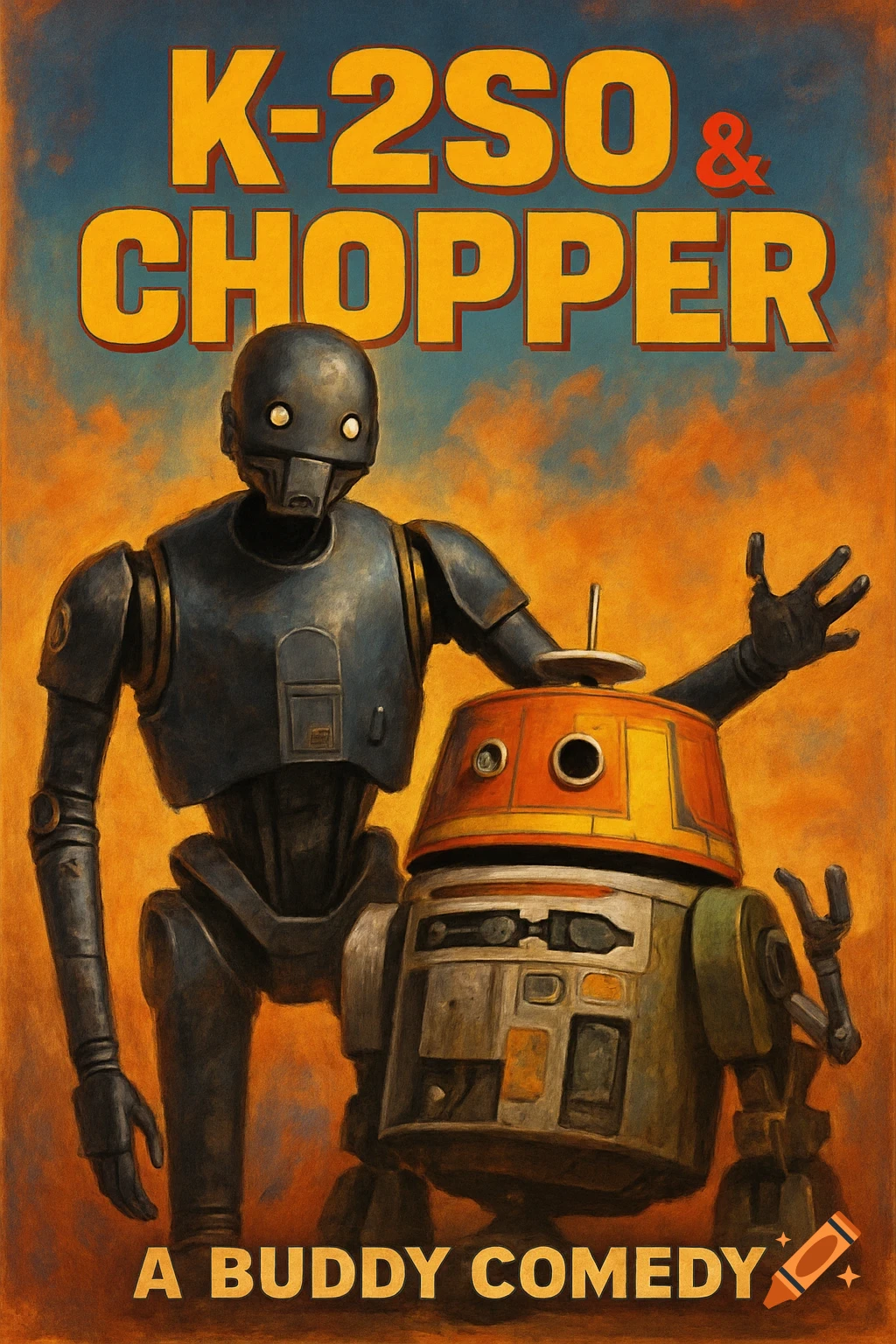 Star Wars movie poster in a painted style featuring K-2SO and Chopper with title text.