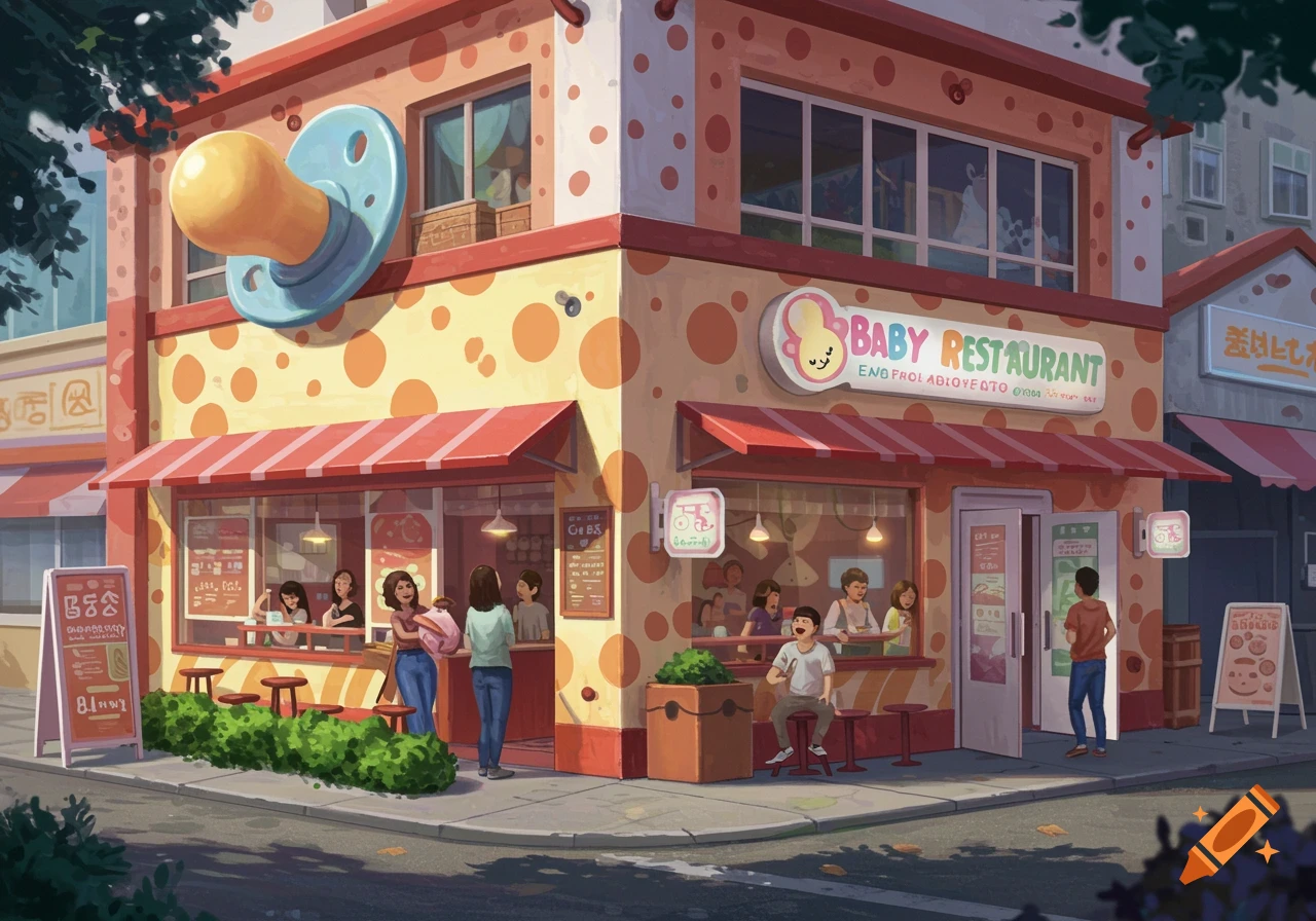 Illustrated baby restaurant building with a pacifier sign and people inside.