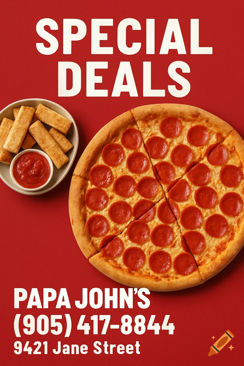A pepperoni pizza and breadsticks with sauce on a red background, with text advertising special deals.
