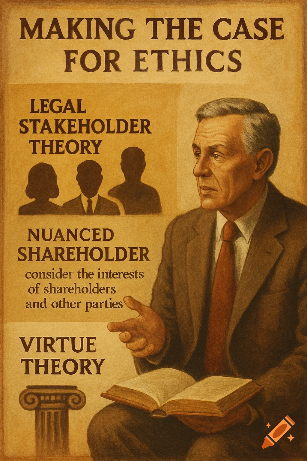 Illustration of a man next to a poster about ethics theories: 'Making the Case For Ethics', 'Legal Stakeholder Theory', 'Nuanced Shareholder Theory', 'Virtue Theory'.