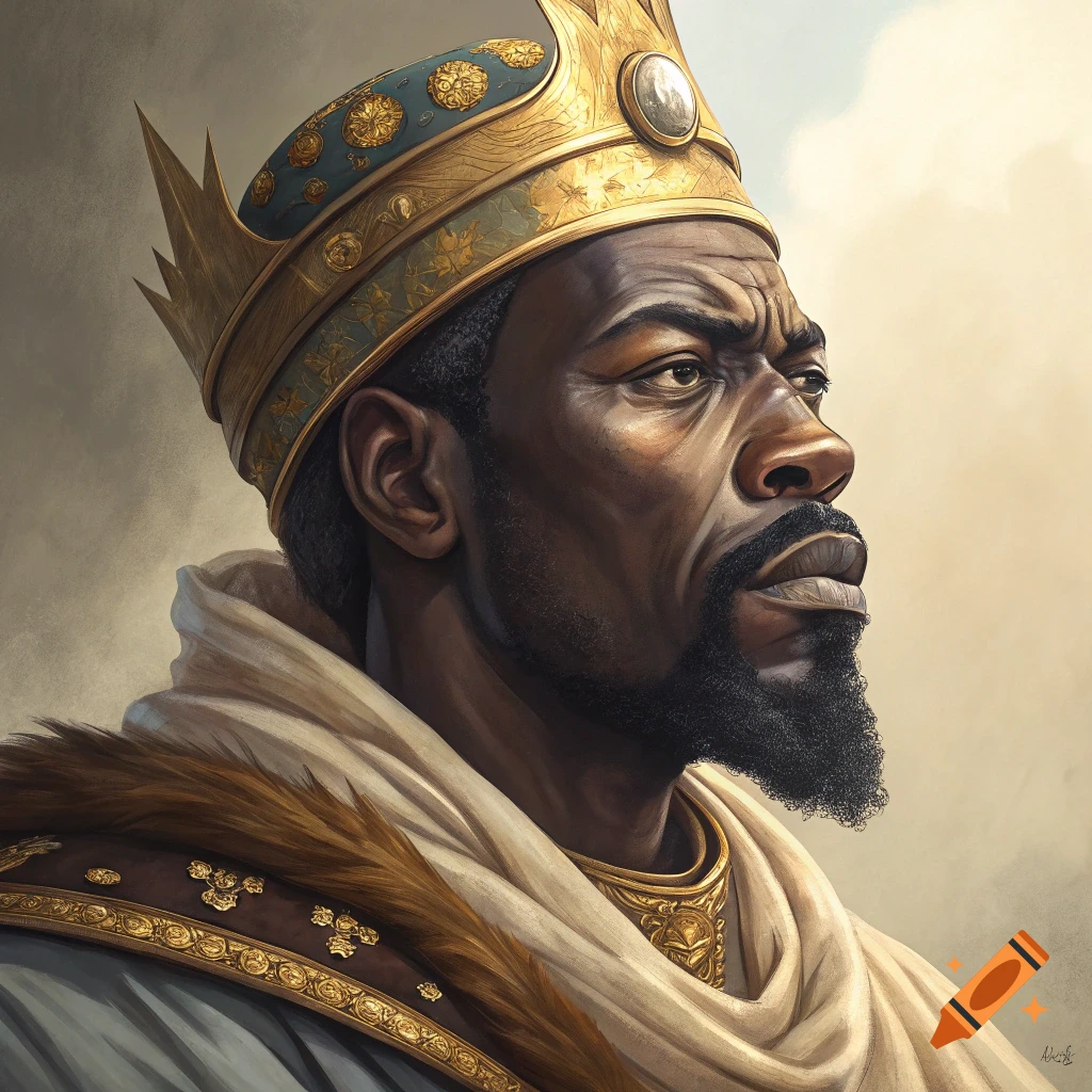 Detailed portrait painting of a historical African king wearing a golden crown and white and fur cloak.
