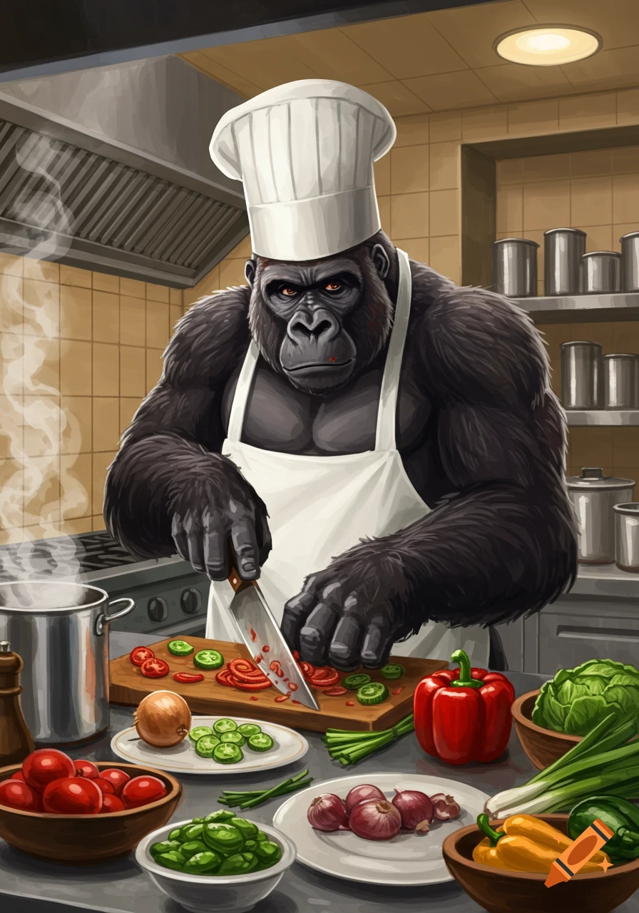 A large gorilla wearing a chef's hat and apron chops vegetables in a kitchen.
