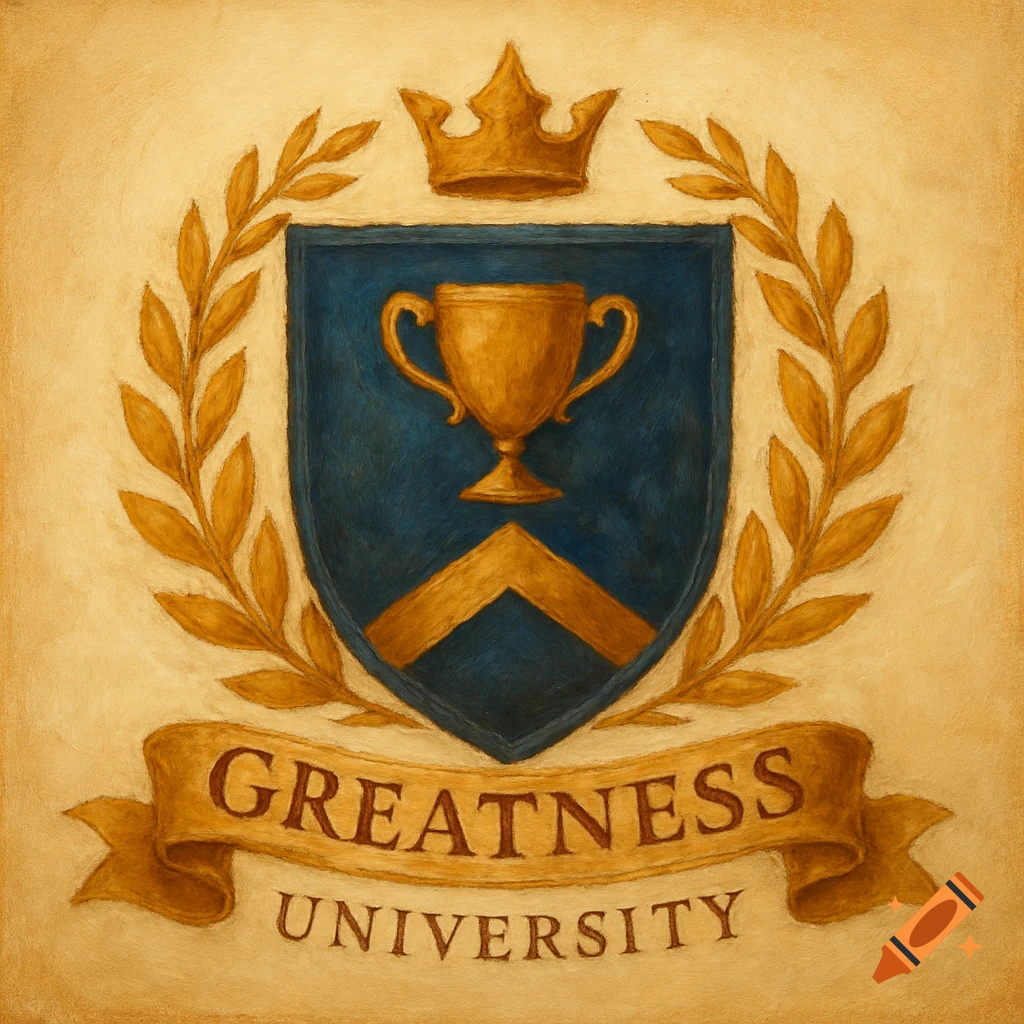 Vintage illustration of a coat of arms with a trophy and crown, reading 'Greatness University'