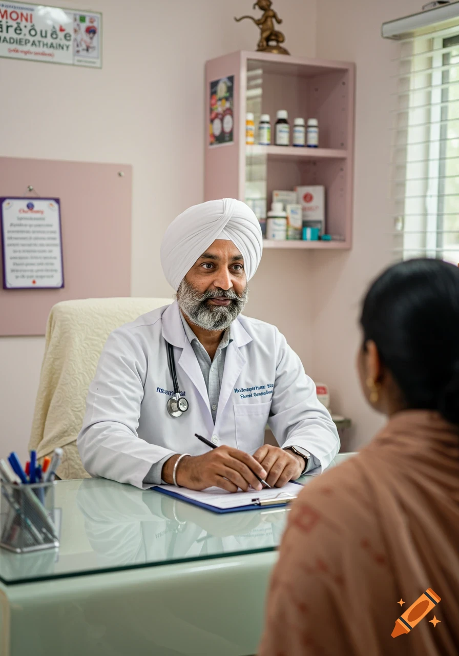 A doctor wearing a turban sits at a desk in a clinic examining a paper.
