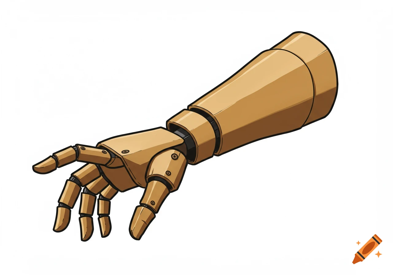 An illustration of a wooden artist's jointed hand and arm model.