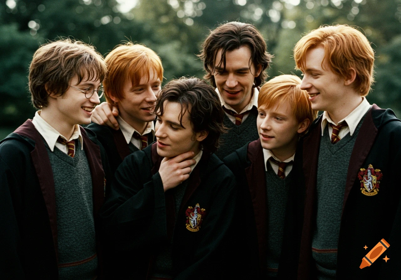 Group of young men in wizard robes smiling