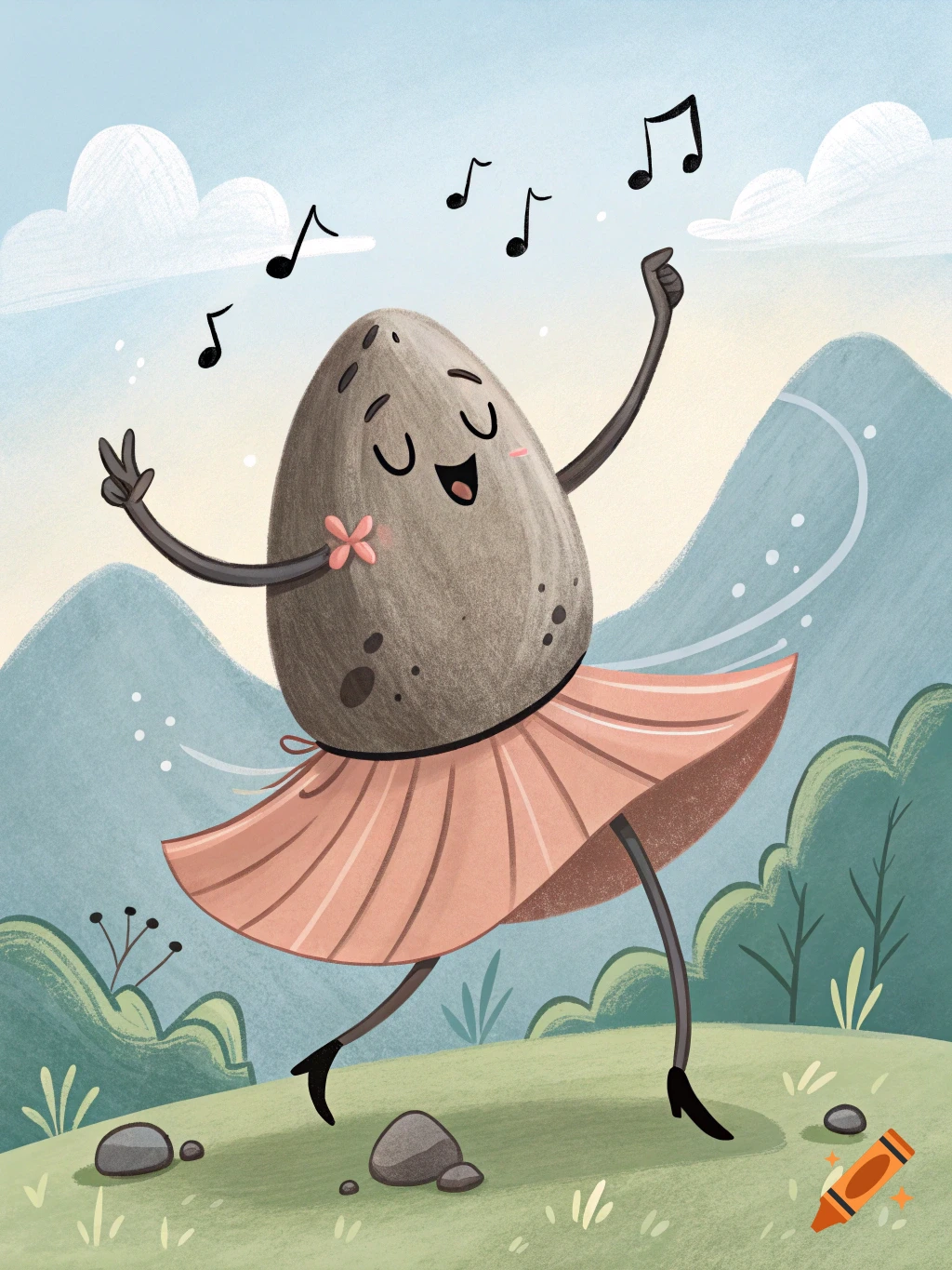 A cartoon rock character wearing a pink skirt and high heels dances in a field with musical notes.