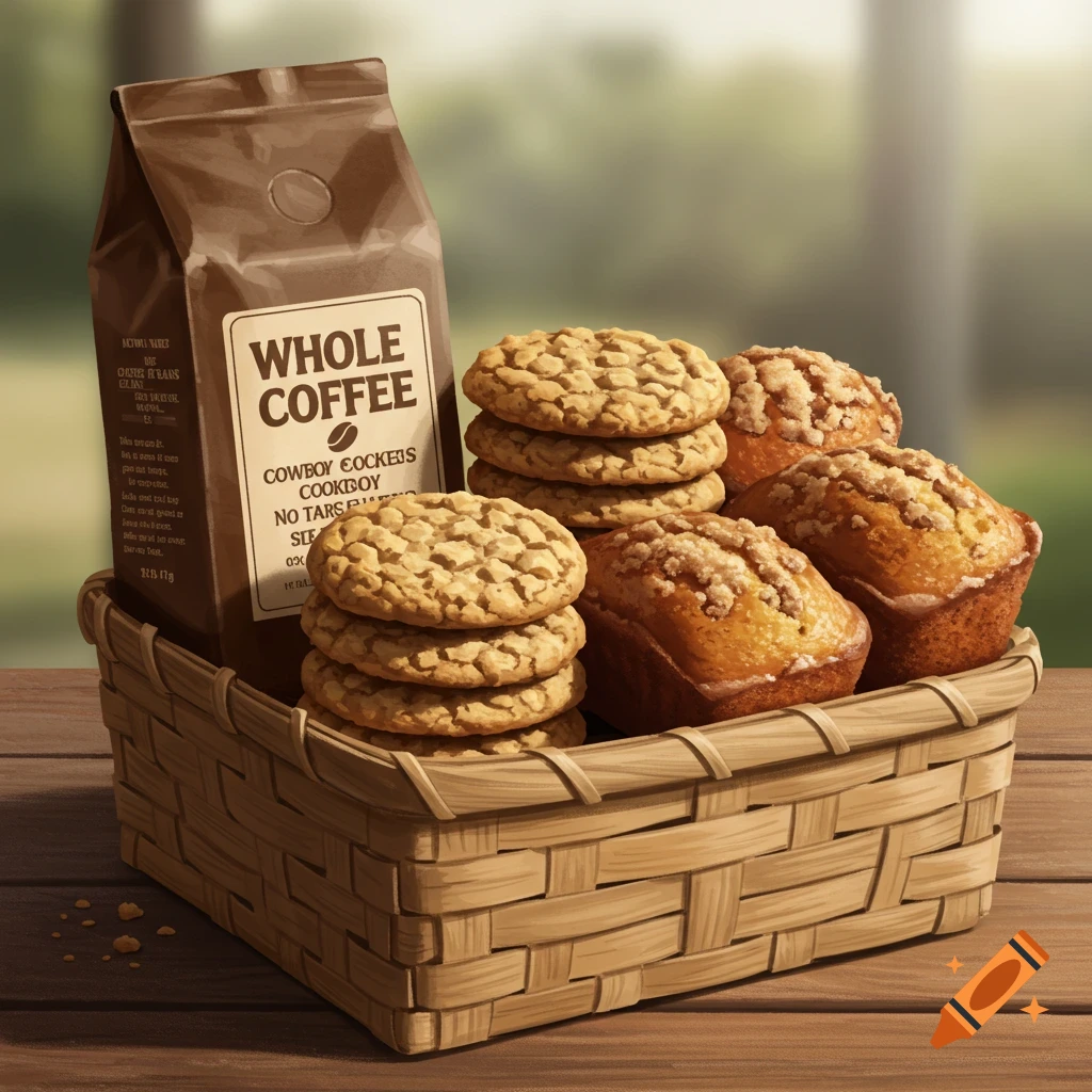 A basket contains a bag of coffee, stacks of cookies, and mini coffee cakes on a wooden table.