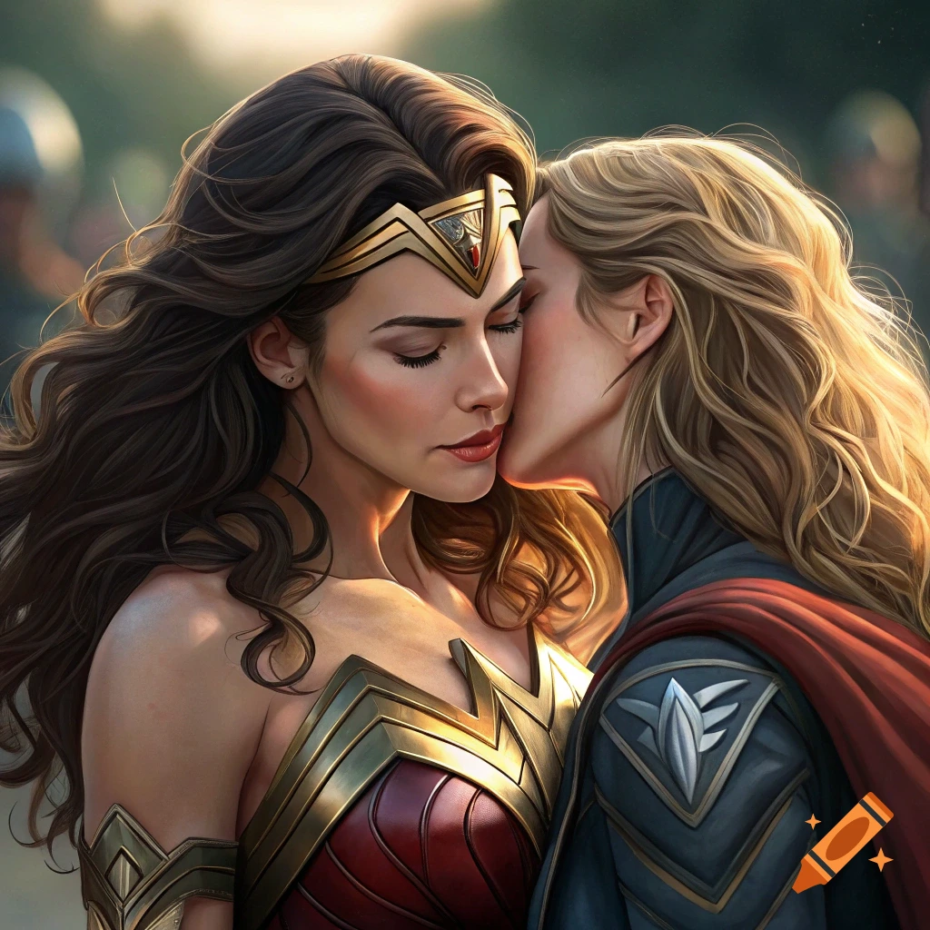 Wonder Woman is kissed on the cheek by another woman in a superhero costume with a cape and shield symbol. Realistic illustration.