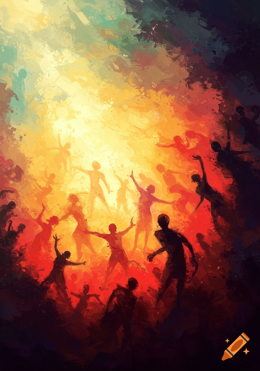Abstract painting of silhouetted figures reaching upwards in fiery orange and yellow light.