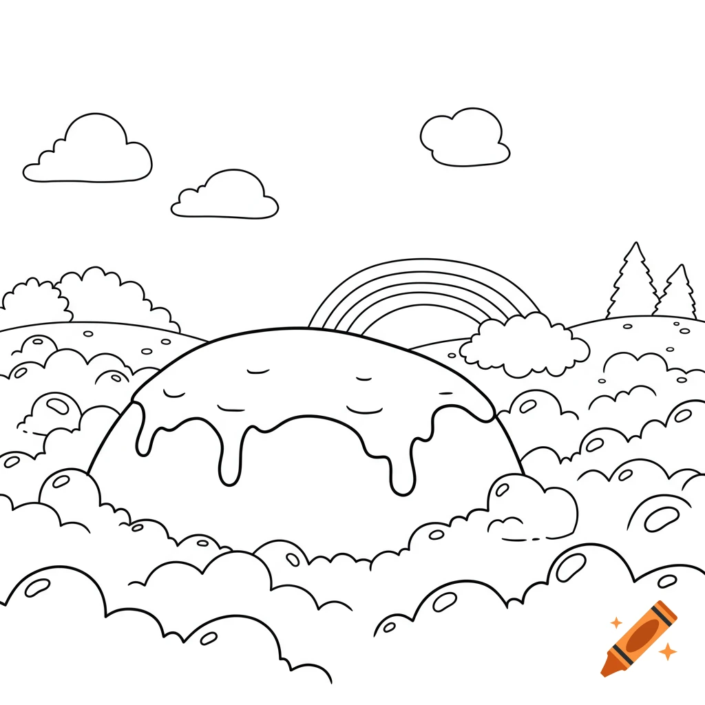 A black and white coloring page of a landscape with a melting hill, clouds, and a rainbow.