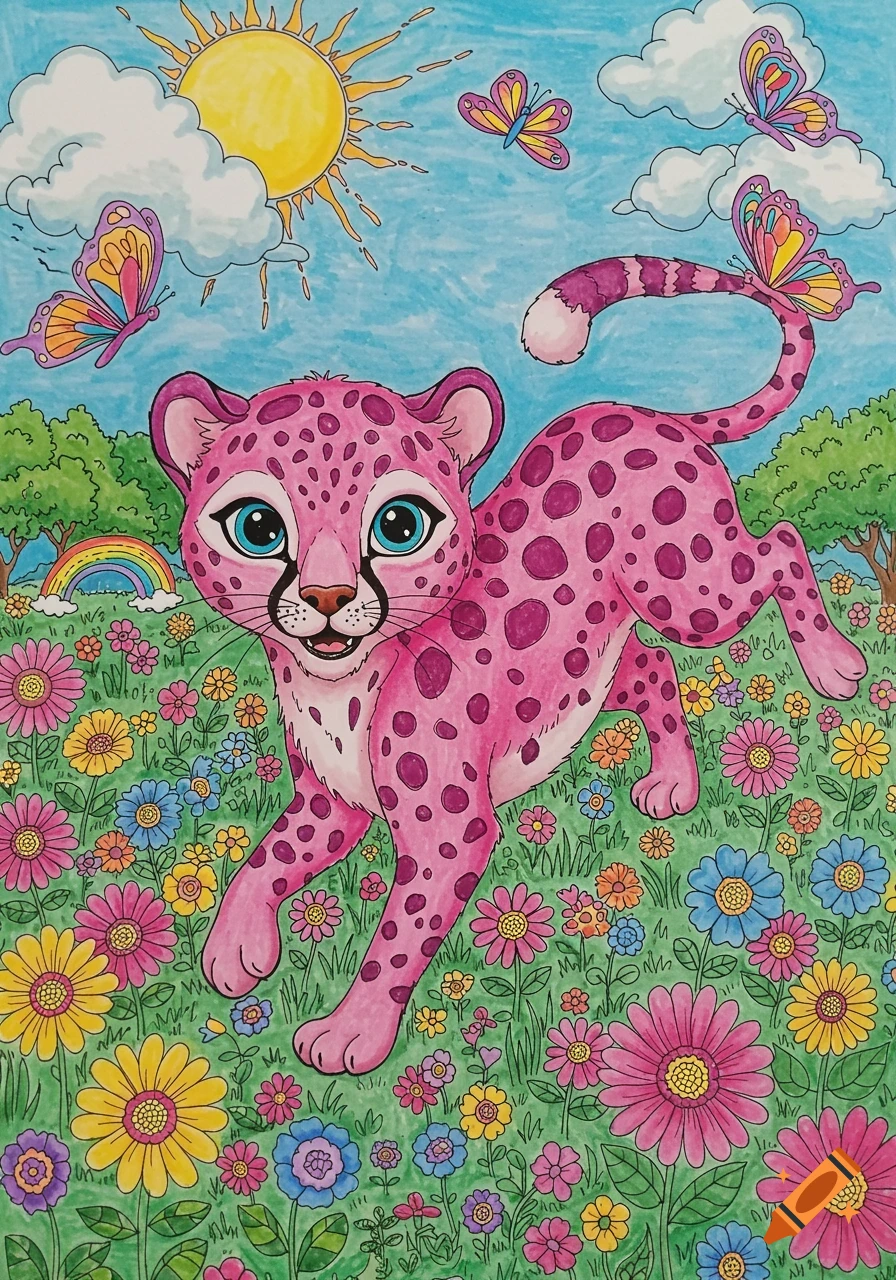 A pink cheetah cub runs through a field of colorful flowers and butterflies in a bright, Lisa Frank-style coloring page.