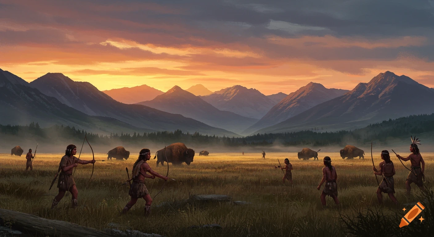Early humans hunt buffalo in a wide, grassy plain at sunset, with mountains in the background.