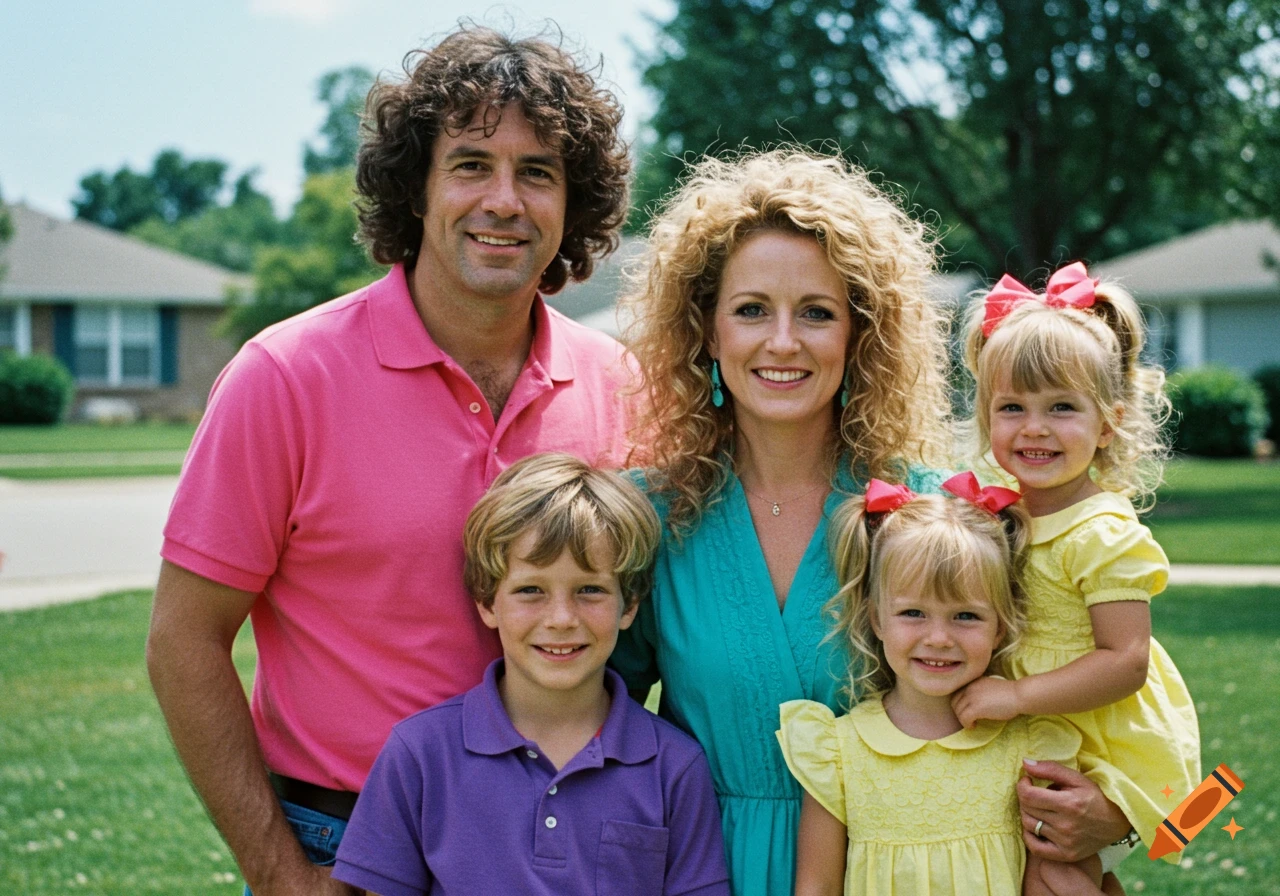 Family portrait from the 1980s in a suburban yard