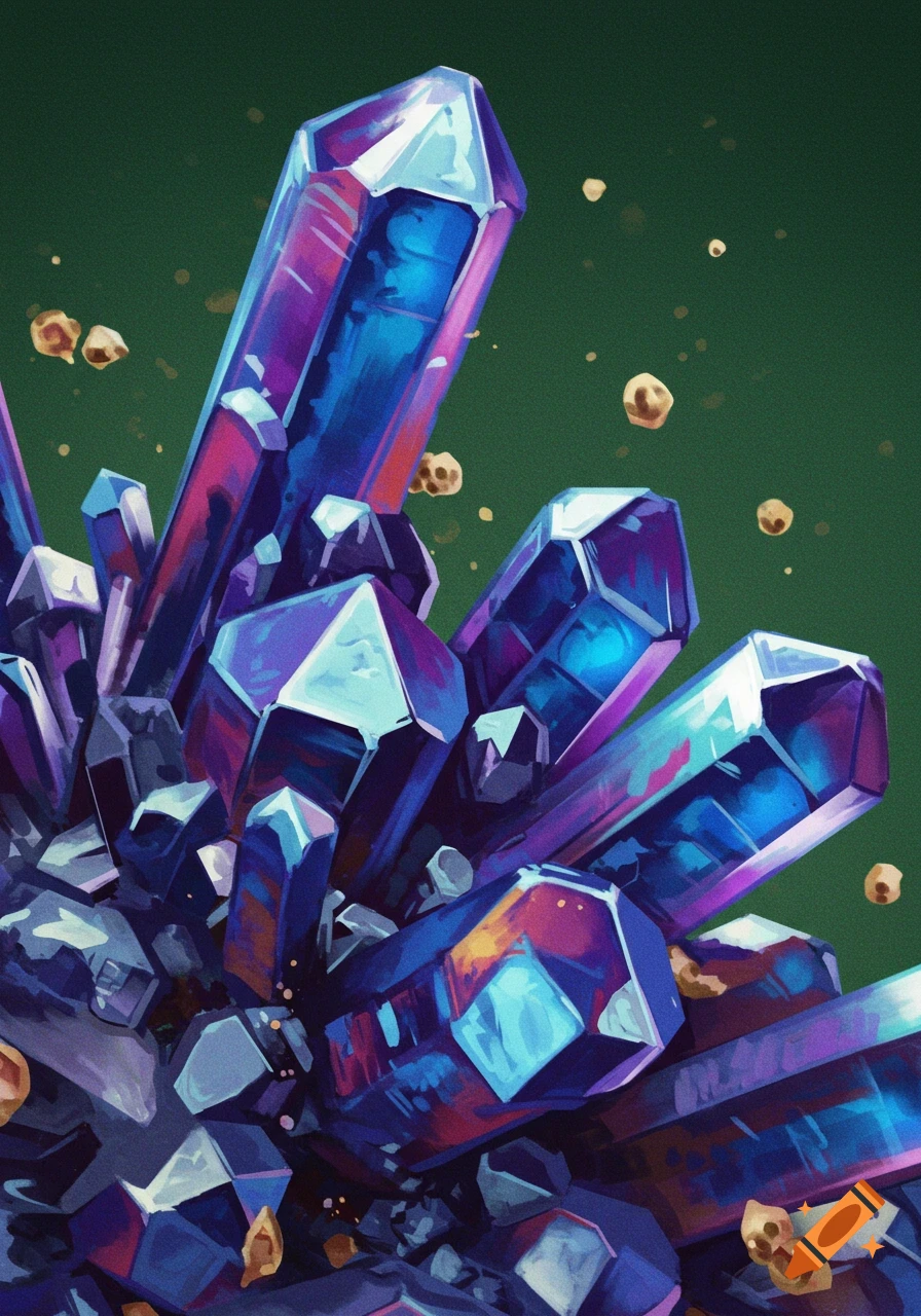 Close-up of vibrant purple and blue crystals against a green background.