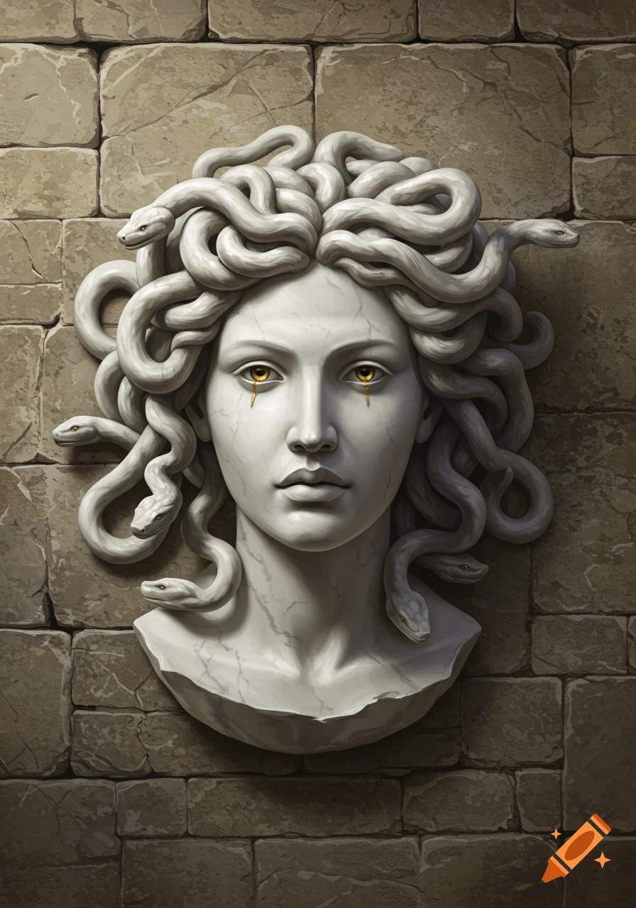 Marble bust of Medusa with snake hair mounted on a stone wall.