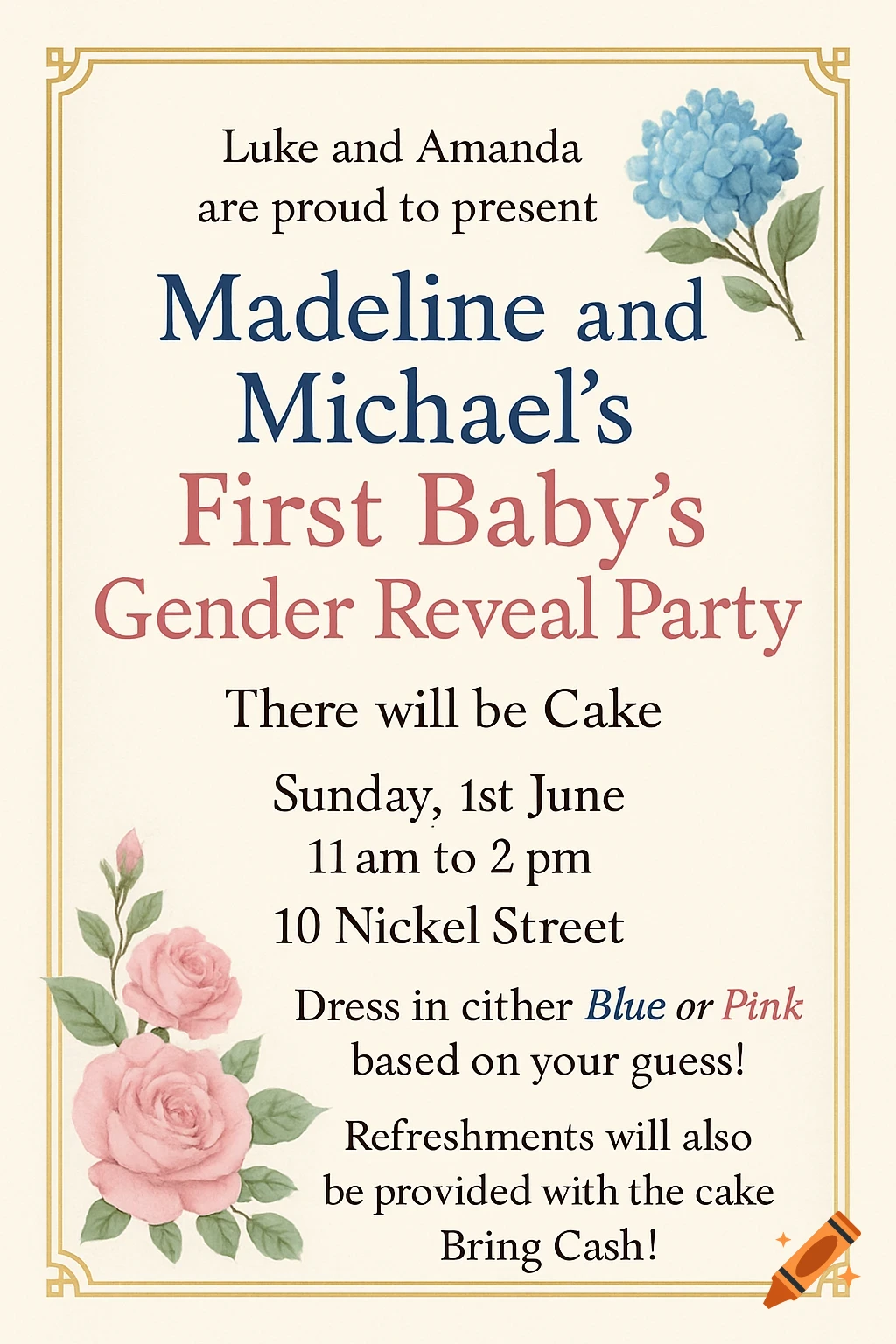Gender reveal party invitation with text, pink roses, and a blue hydrangea.