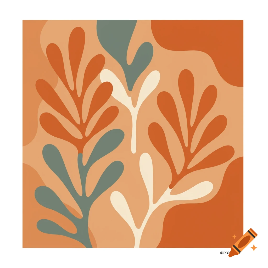 Abstract botanical illustration in a Matisse style with orange, green, and white leaves on an orange background.