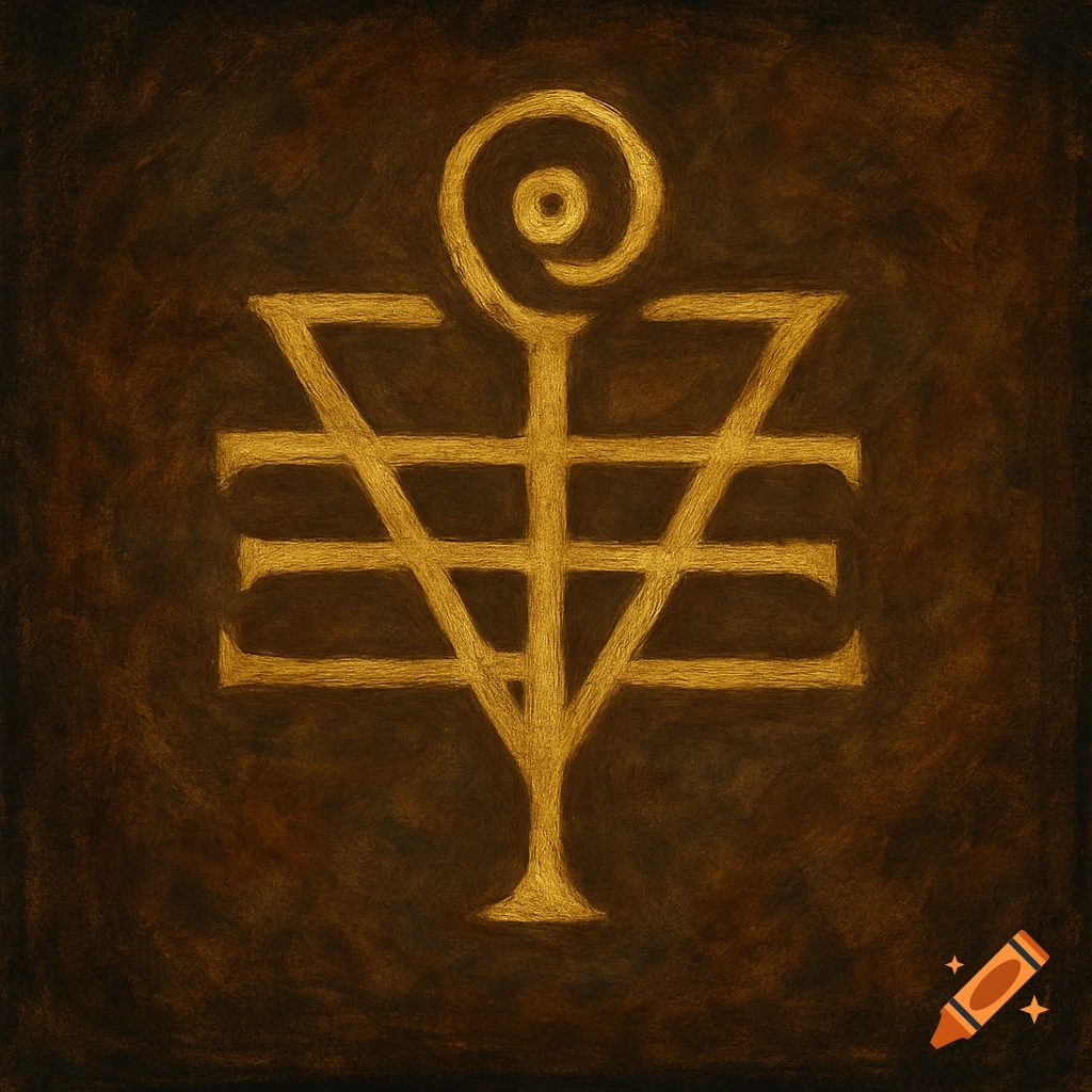 Golden sigil on a dark, textured background, styled like a painting.