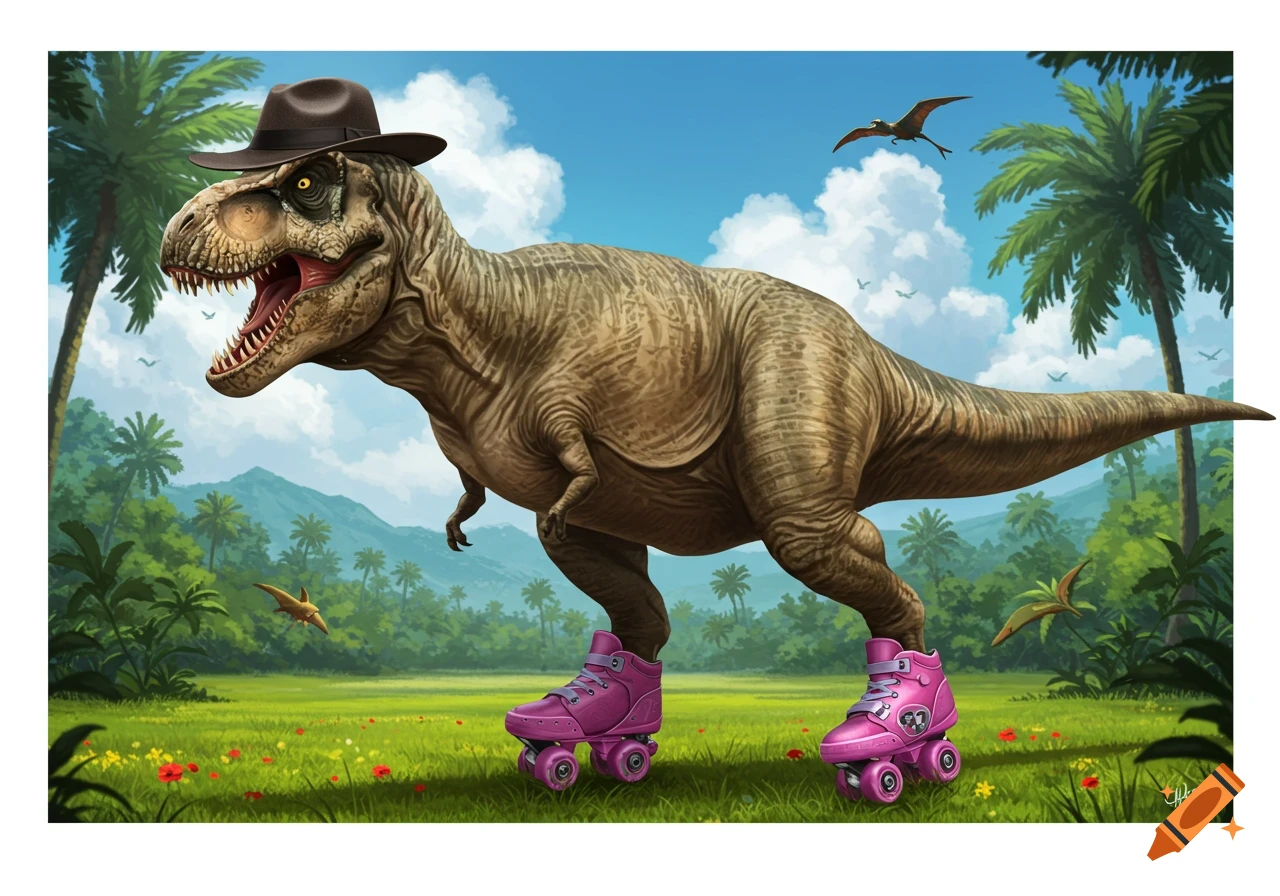 A T-Rex wearing a cowboy hat and pink roller skates stands in a grassy clearing with palm trees and pterodactyls flying overhead.