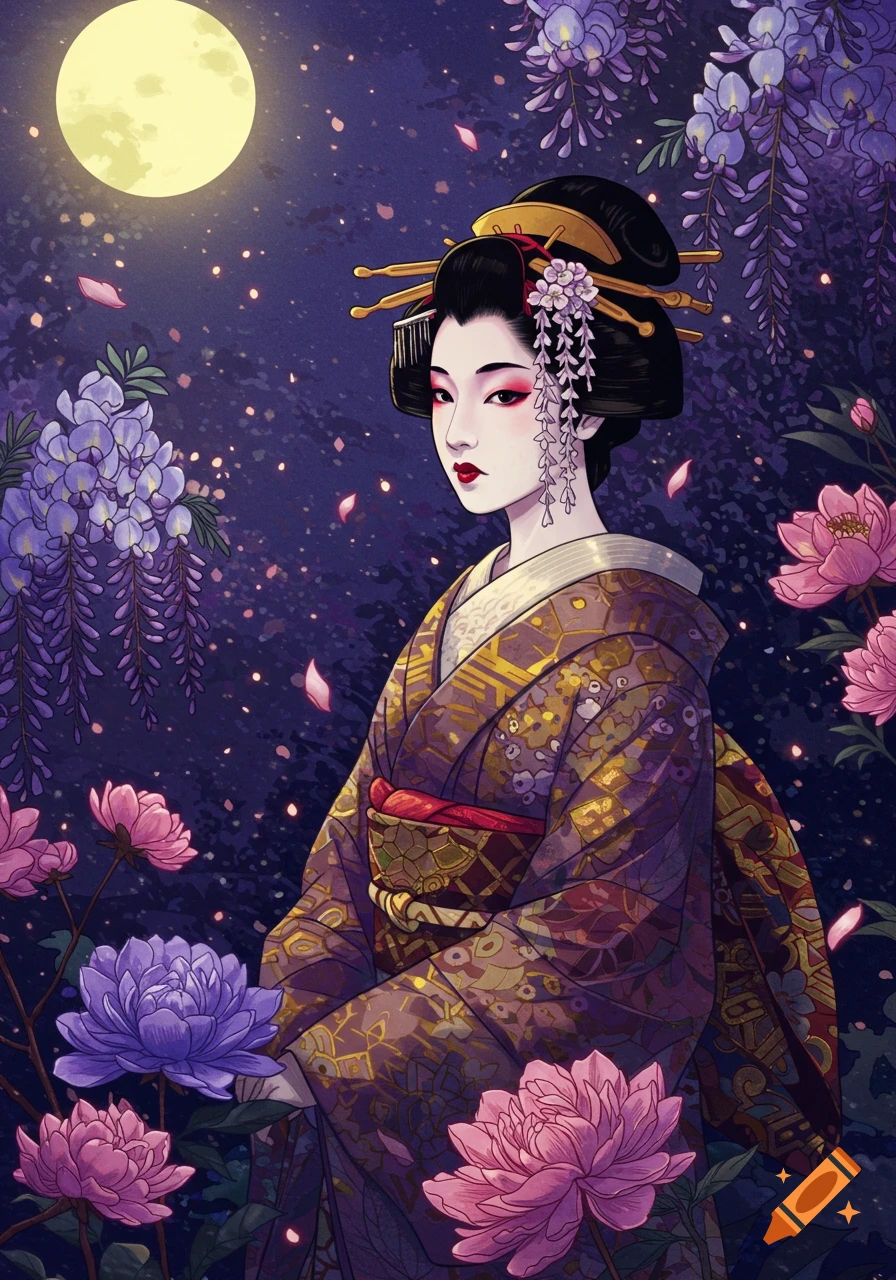 Illustration of a geisha in a kimono surrounded by wisteria and peonies under a full moon at night.