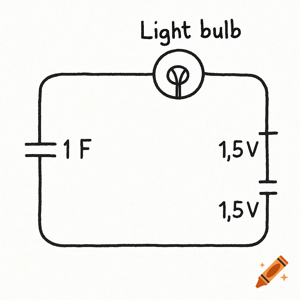 Sketch of a simple circuit diagram with a light bulb, capacitor, and batteries.