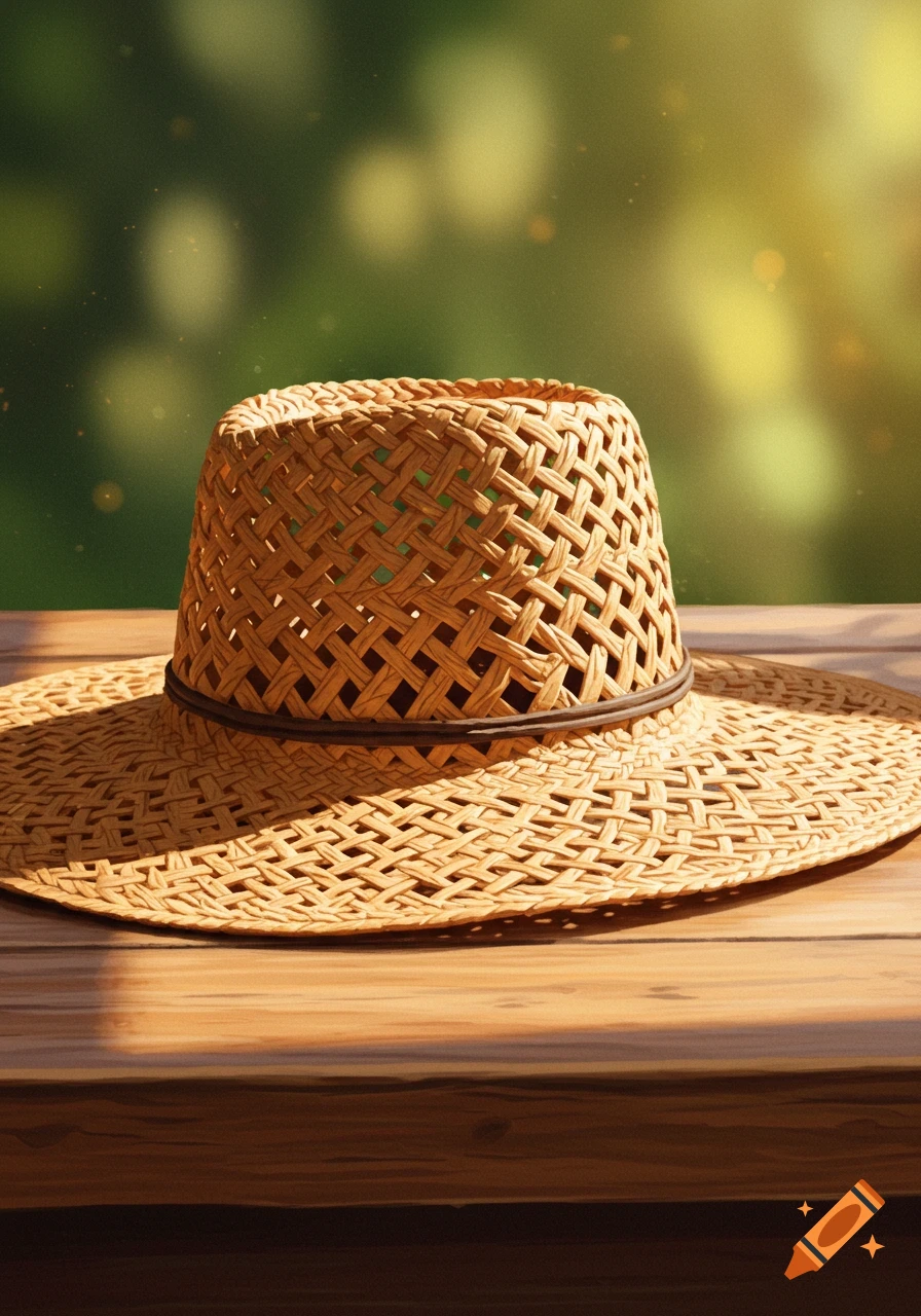 A straw hat rests on a wooden table outdoors in bright sunlight.