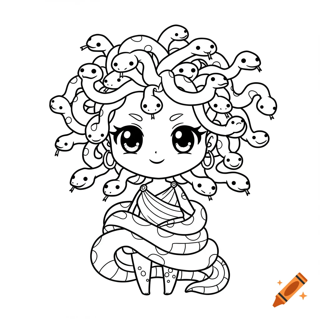 Cute cartoon Medusa with snakes for hair, drawn in bold black lines for coloring.